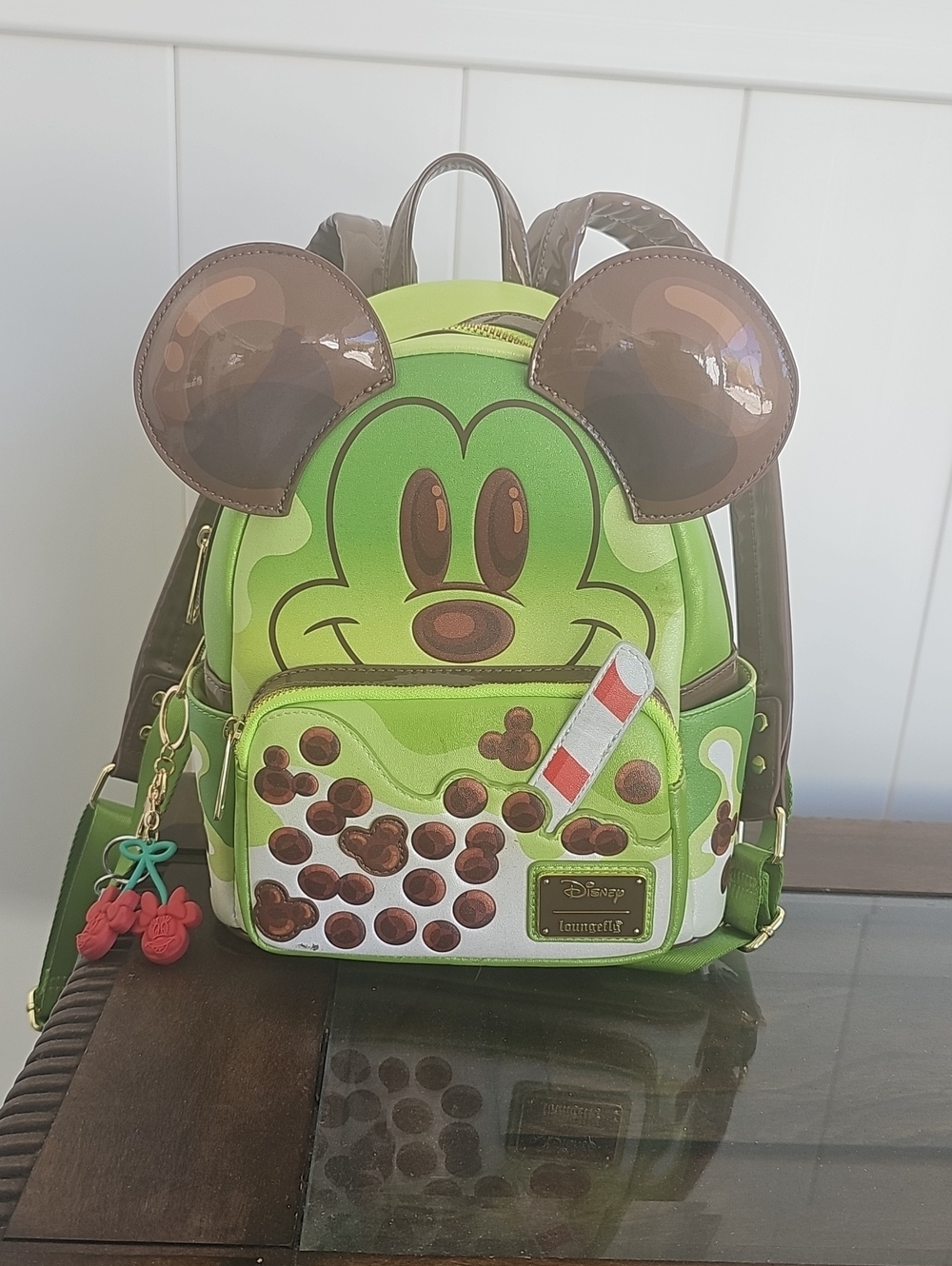 Loungefly Green Mickey Bubble Tea Kids Mini Backpack with Brown Ears